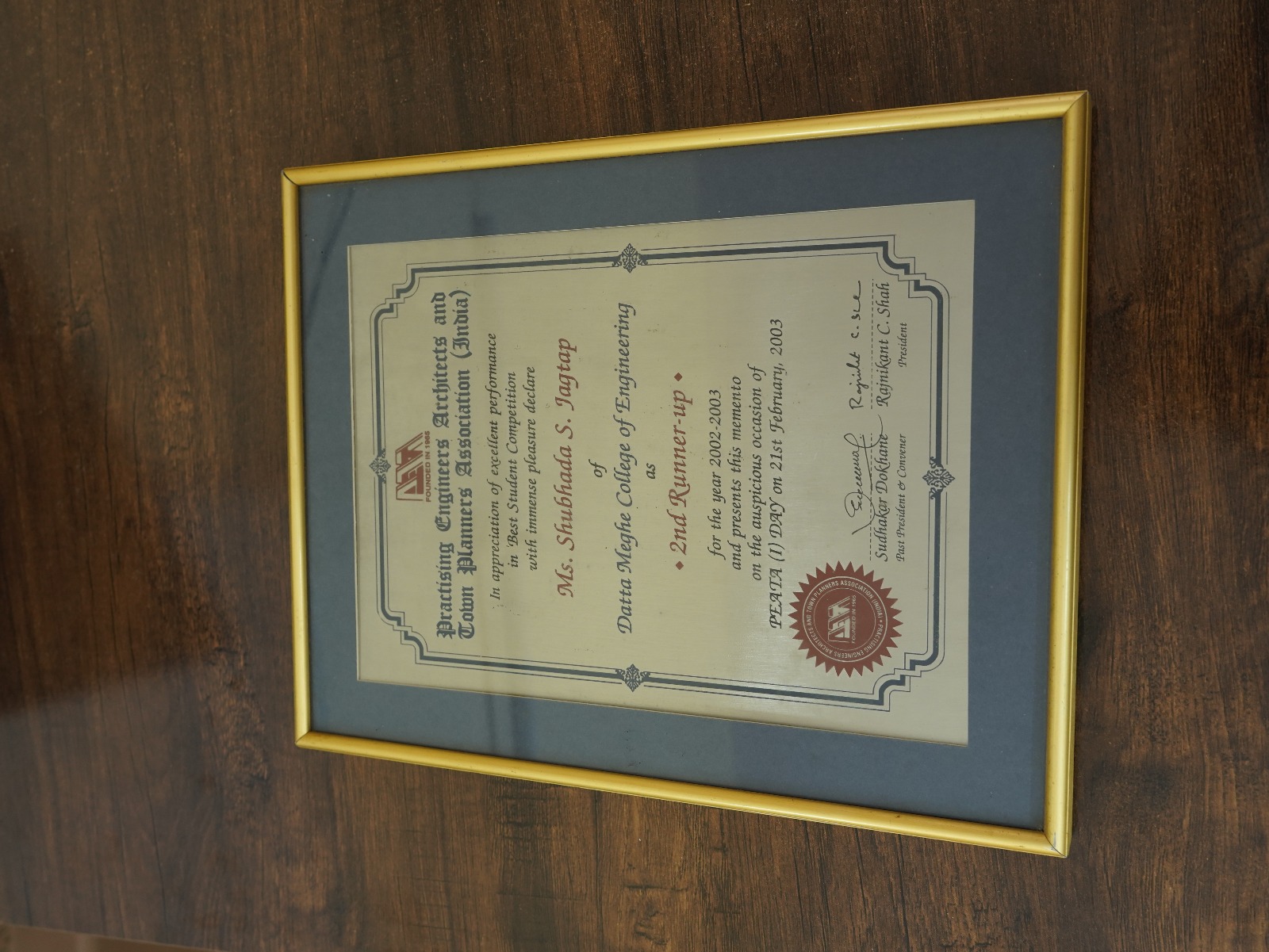 Framed certificate of recognition